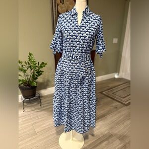 J. McLaughlin Navy and Cream Scallop Midi Dress